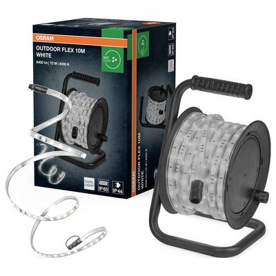 Emballage 'OSRAM Outdoor Flex 10M' comprenant une bande LED blanche de 10 mètres sur un rouleau, indiquant 840 lumens, 10 watts, et une température de couleur de 4000K.
