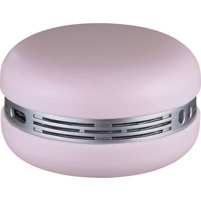 Un haut-parleur portable rose ressemblant à un macaron, doté d'un anneau argenté sur le pourtour.