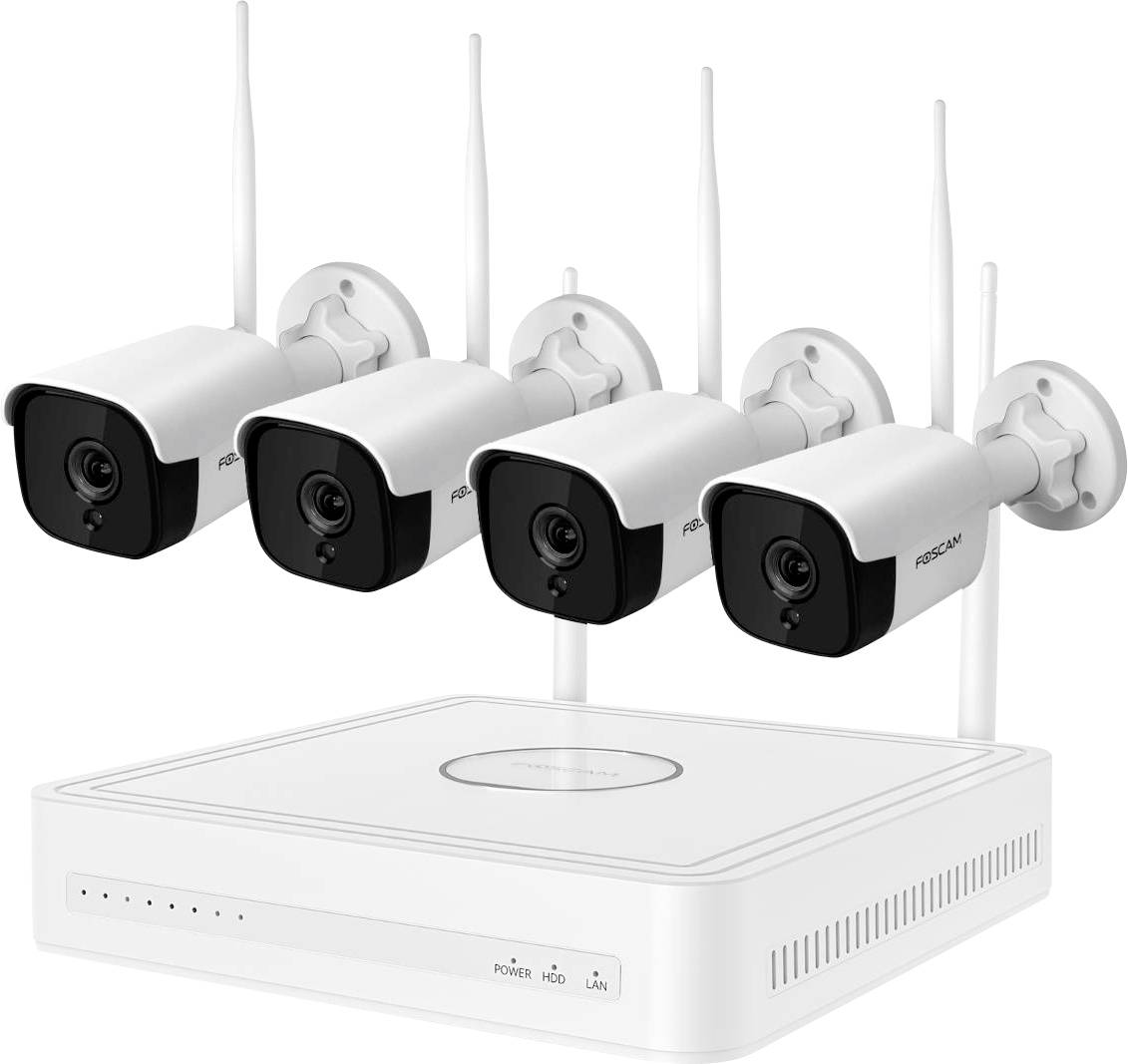 « Quatre caméras de sécurité blanches équipées d'antennes sont montées sur un mur, positionnées au-dessus d'un dispositif réseau rectangulaire blanc. »