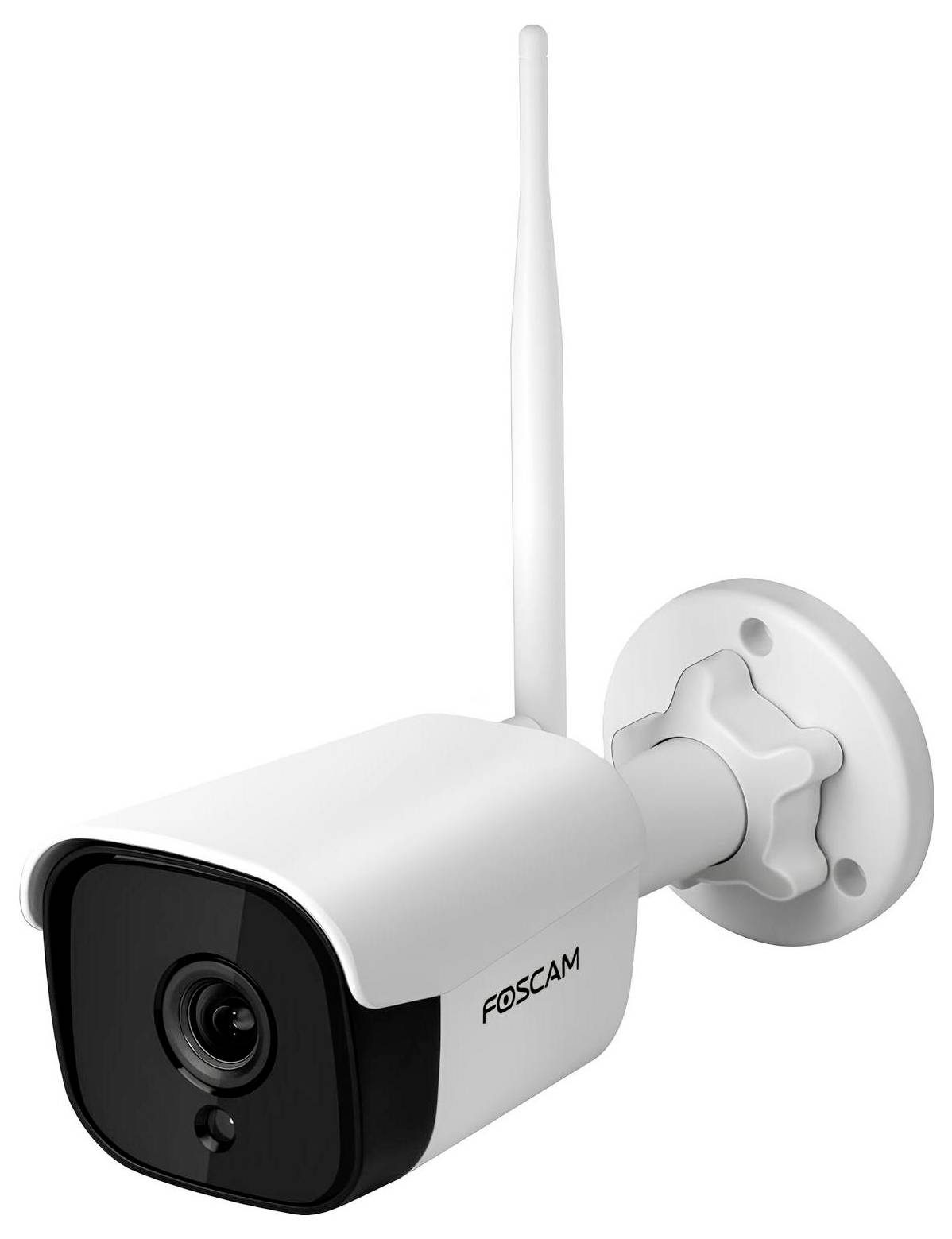 Caméra de sécurité avec antenne montée sur un support, étiquetée 'Foscam', conçue pour la surveillance extérieure.