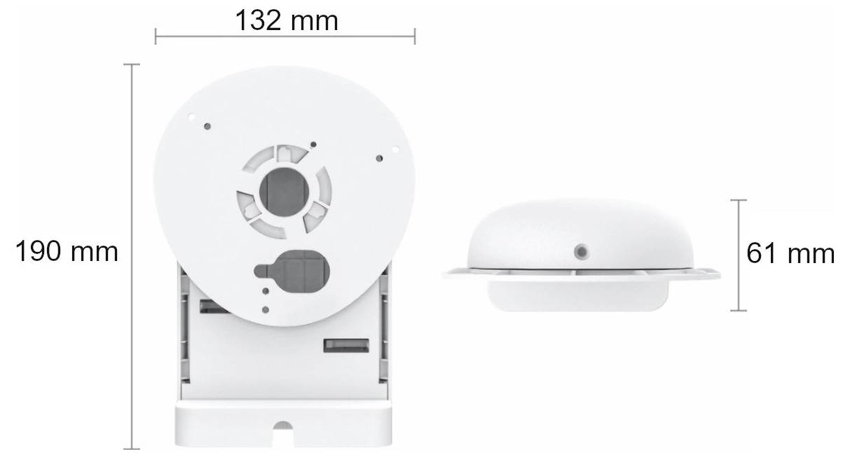 « Image d'un dispositif électronique rond avec les dimensions suivantes : hauteur 190 mm, largeur 132 mm, profondeur 61 mm, présenté sous des vues de face et de côté. »