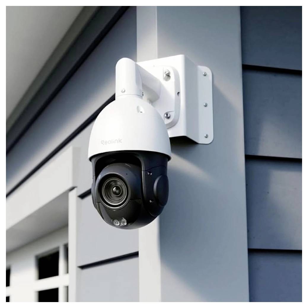 Une caméra de sécurité blanche fixée à l'angle d'une maison grise moderne, inclinée vers le bas pour la surveillance.