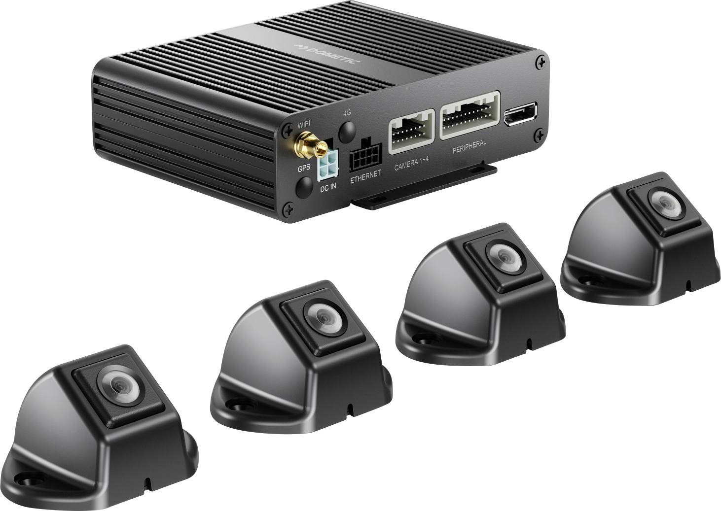 Un appareil électronique rectangulaire noir avec plusieurs ports à côté de quatre petites unités de caméras inclinées, probablement partie d'un système de surveillance ou de monitoring.