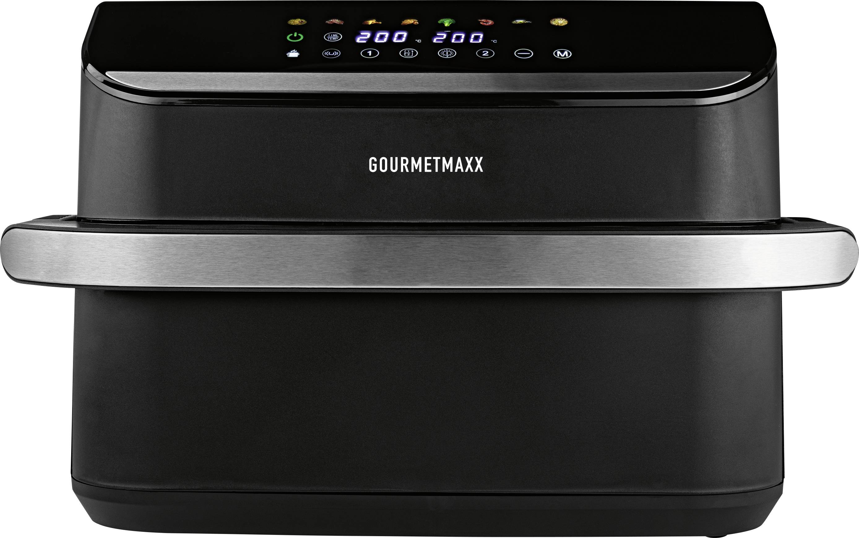 Un airfryer noir avec un écran affichant les paramètres de température et de temps, portant le nom de marque « GOURMETMAXX ».
