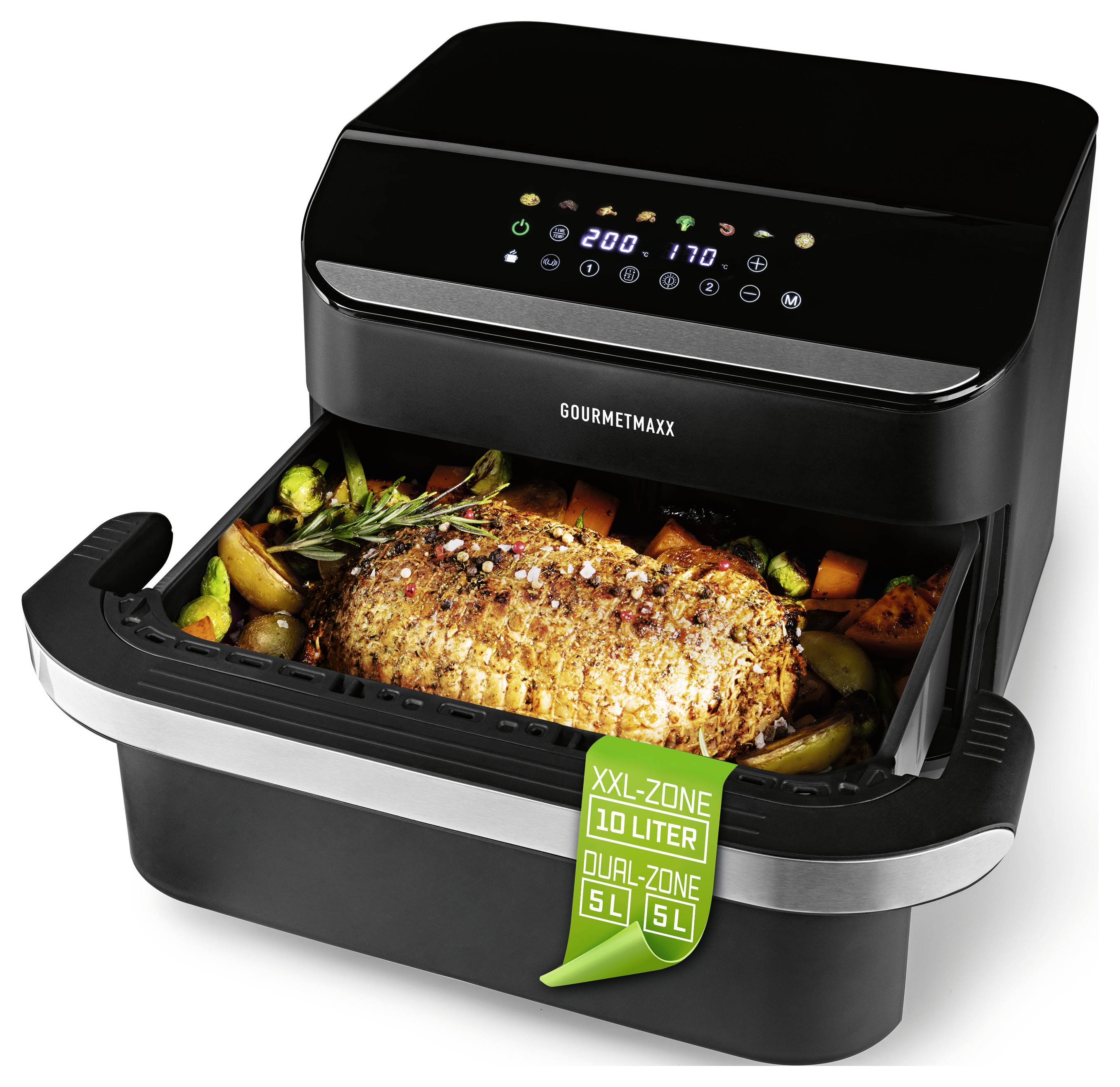Un air fryer à double zone avec un rôti et des légumes à l'intérieur, doté d'un panneau de contrôle numérique et de compartiments étiquetés : « Zone XXL 10 litres, Double Zone 5L + 5L ».