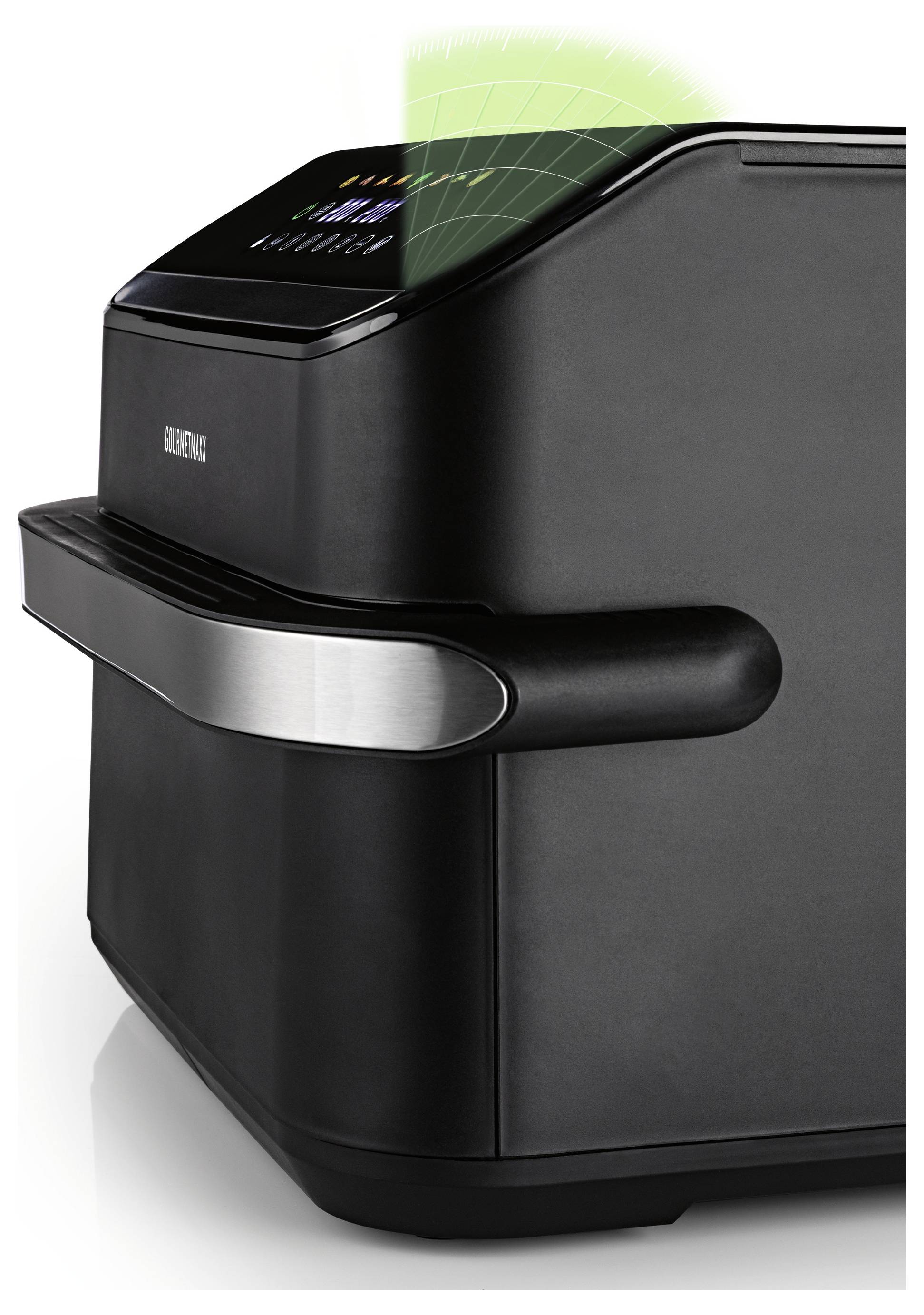 Un air fryer noir moderne avec un affichage numérique sur le dessus, doté d'une interface tactile et d'un design vert façon radar sur l'écran.