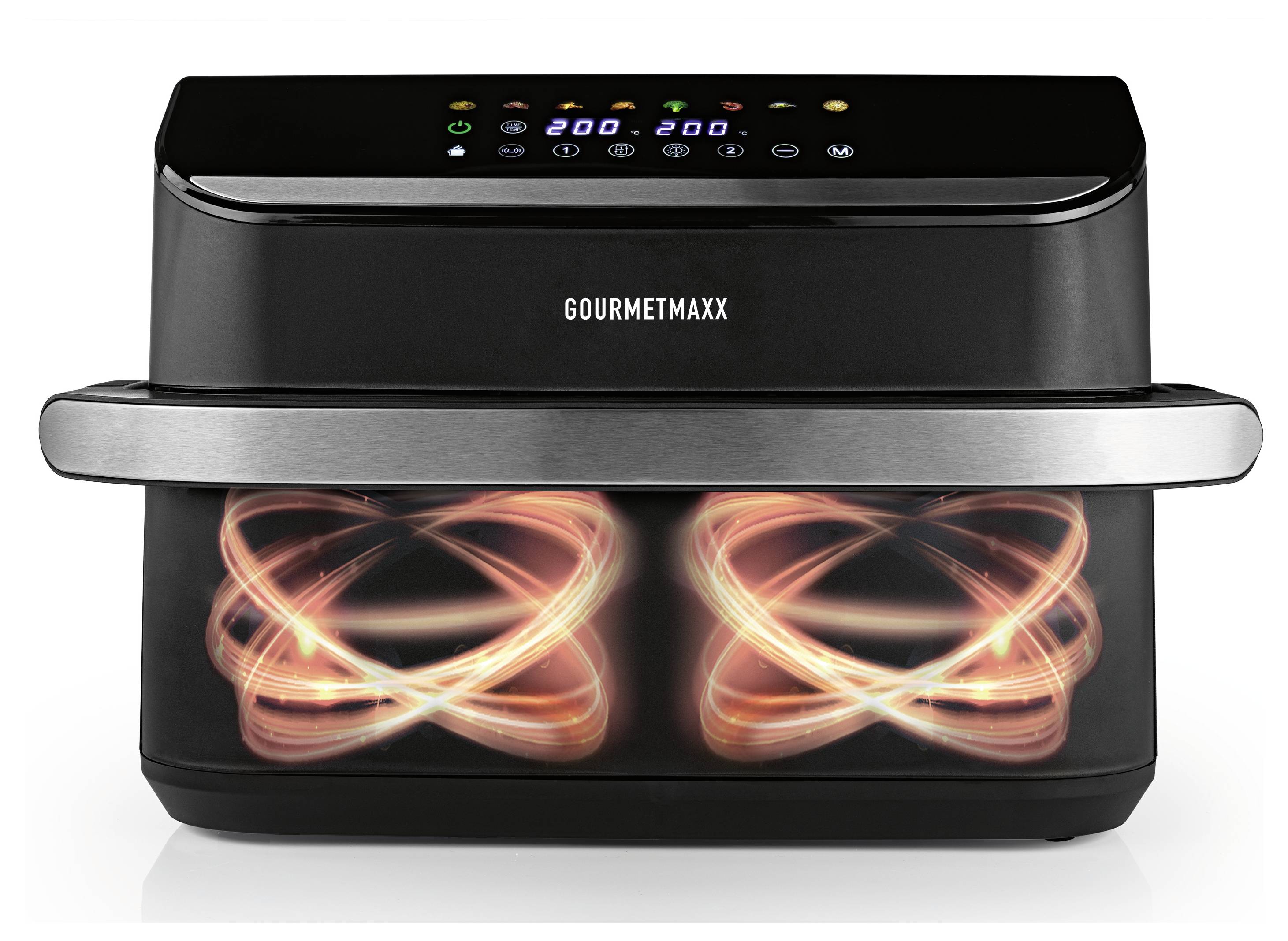 Un air fryer noir avec des commandes numériques sur le dessus et un intérieur lumineux ; étiqueté « Gourmetmaxx ».