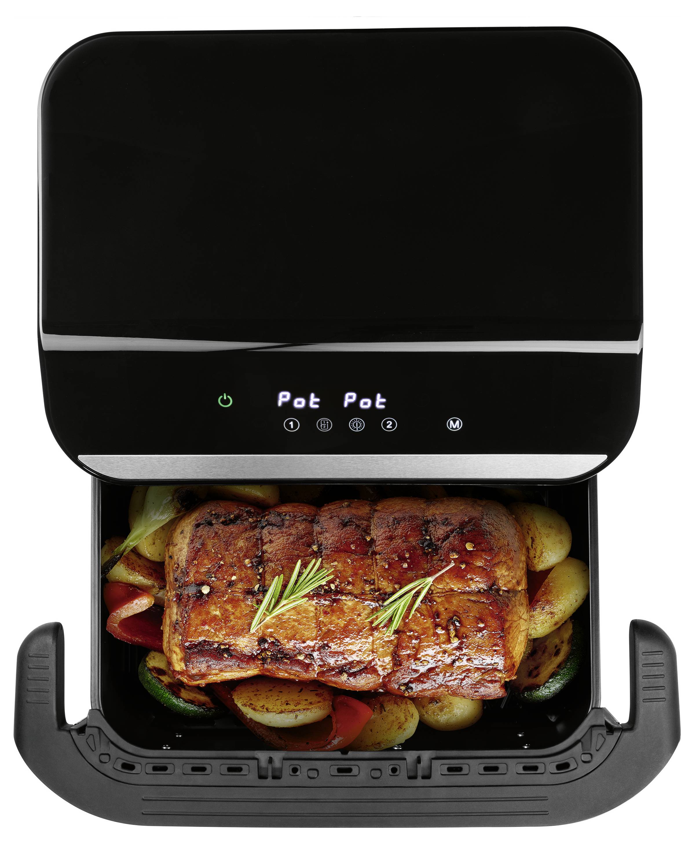 Un air fryer avec un affichage numérique indique 'Pot Pot' et contient de la viande rôtie au romarin avec des légumes, comme des pommes de terre et des poivrons.