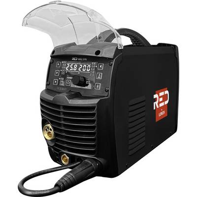 Une machine à souder noir et rouge avec un affichage numérique et des commandes, montrant les paramètres et les connexions pour les câbles. Le logo de la marque est visible.