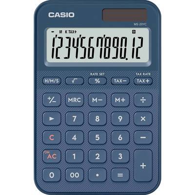 Une calculatrice bleue affichant les chiffres « 1234567890,12 » sur l'écran, avec plusieurs boutons comprenant des touches numériques, des symboles d'opération et un bouton de calcul de taxe.