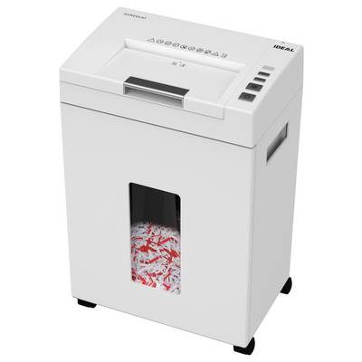 Un destructeur de documents blanc avec un panneau de commande supérieur et une section transparente montrant du papier déchiqueté rouge et blanc à l'intérieur.
