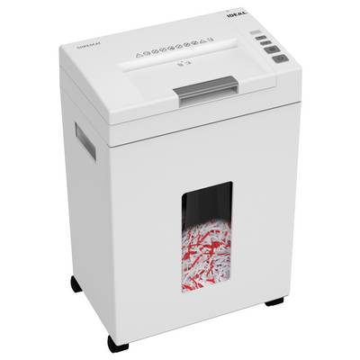 « Une déchiqueteuse blanche avec un bac transparent montrant des morceaux de papier rouge et blanc. Les boutons de commande en haut sont visibles. »