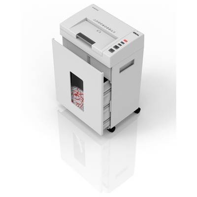 Un destructeur de documents de bureau blanc avec un bac transparent montrant des documents déchiquetés à l'intérieur. Le destructeur dispose de boutons de contrôle sur le dessus.