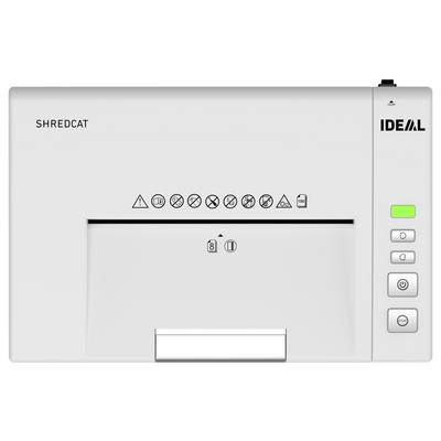 Panneau avant du destructeur de documents 'Shredcat' montrant les boutons de commande et les voyants lumineux, comprenant les commandes de marche/arrêt et de marche avant/arrière.