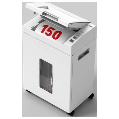 Un destructeur de documents blanc avec un affichage numérique montrant le chiffre '150' en rouge, placé sur des roulettes pour une mobilité facilitée.