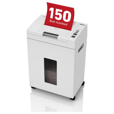 Un destructeur de documents blanc avec une fenêtre transparente montre du papier déchiqueté. Panneau rouge en haut : « Chargement automatique de 150 feuilles ».