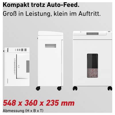 Une image publicitaire avec trois appareils compacts. Texte en haut : « Compact malgré l'alimentation automatique ». Dimensions en bas : « 548 x 360 x 235 mm ».