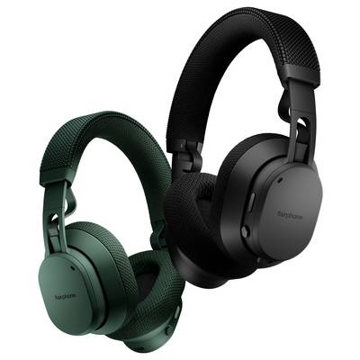 Deux paires de casques Fairphone supra-auriculaires, l'un vert et l'autre noir, présentant leur design et leurs fonctionnalités sans fil.