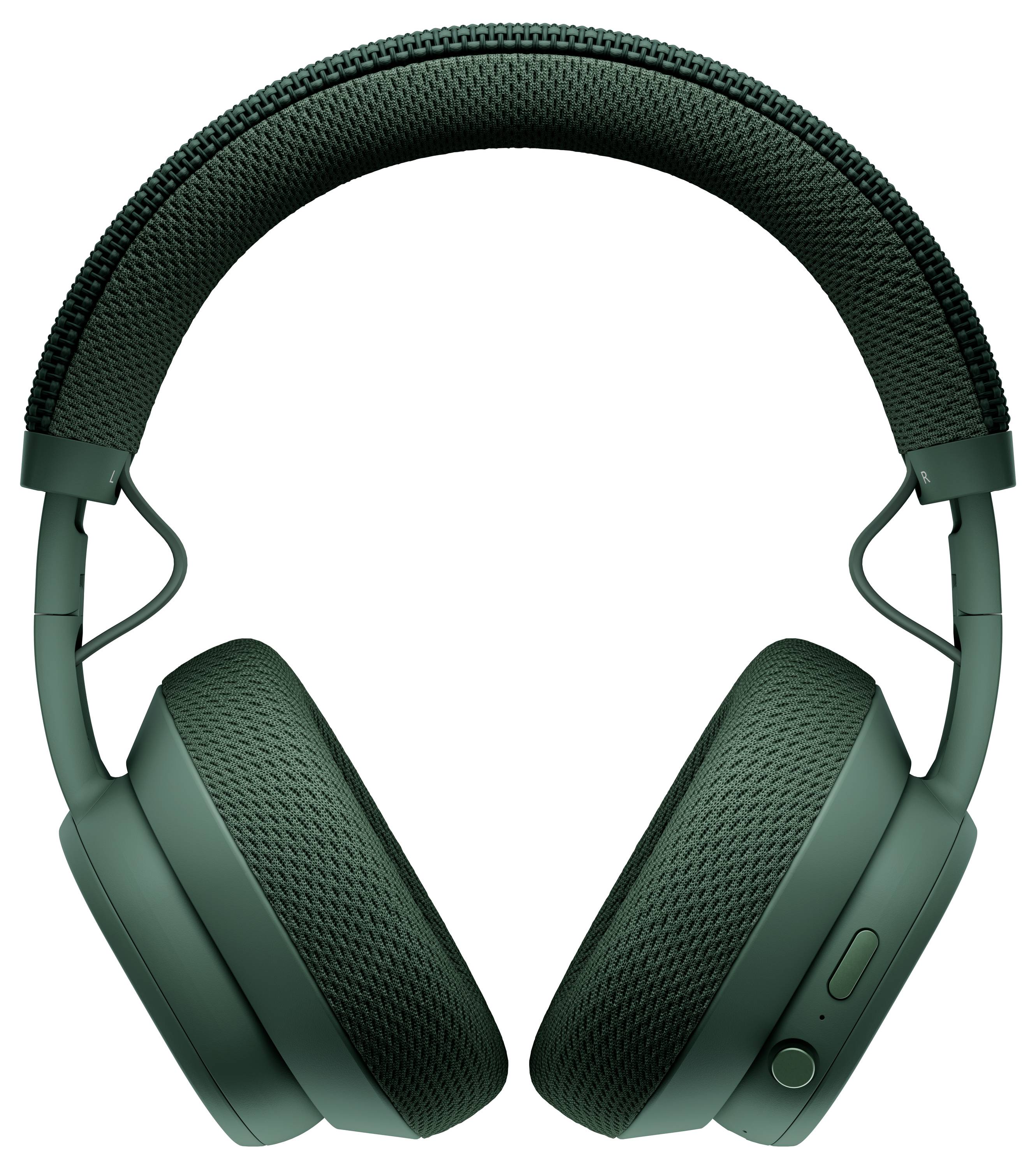 Casque audio vert supra-auriculaire avec des coussinets d'oreille et un bandeau rembourrés, arborant un design élégant et des boutons de contrôle sur la coque droite.