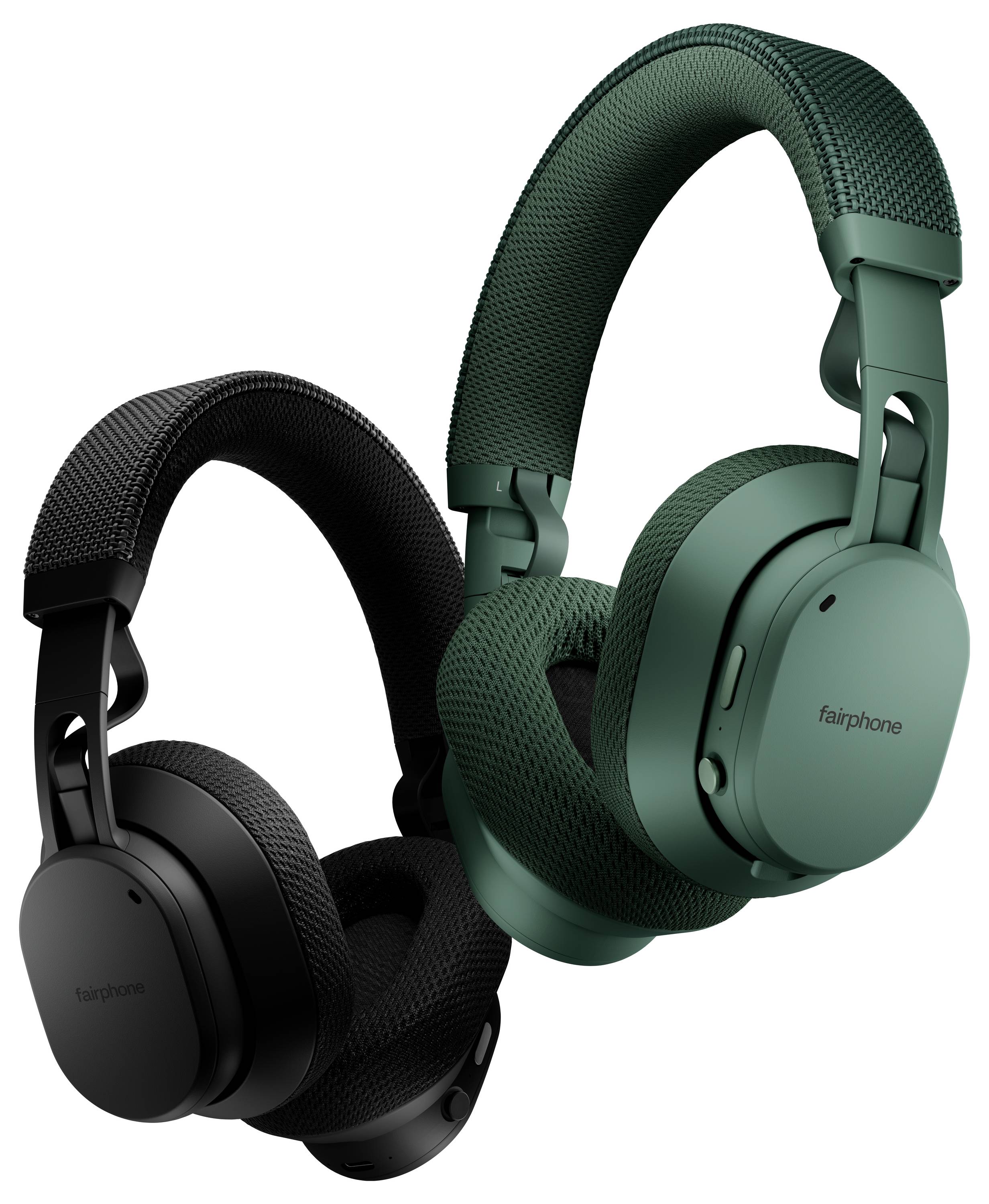 Deux écouteurs sans fil supra-auriculaires ; l'un est noir, l'autre vert. Chacun porte la marque « fairphone » sur les coussins d'oreille.