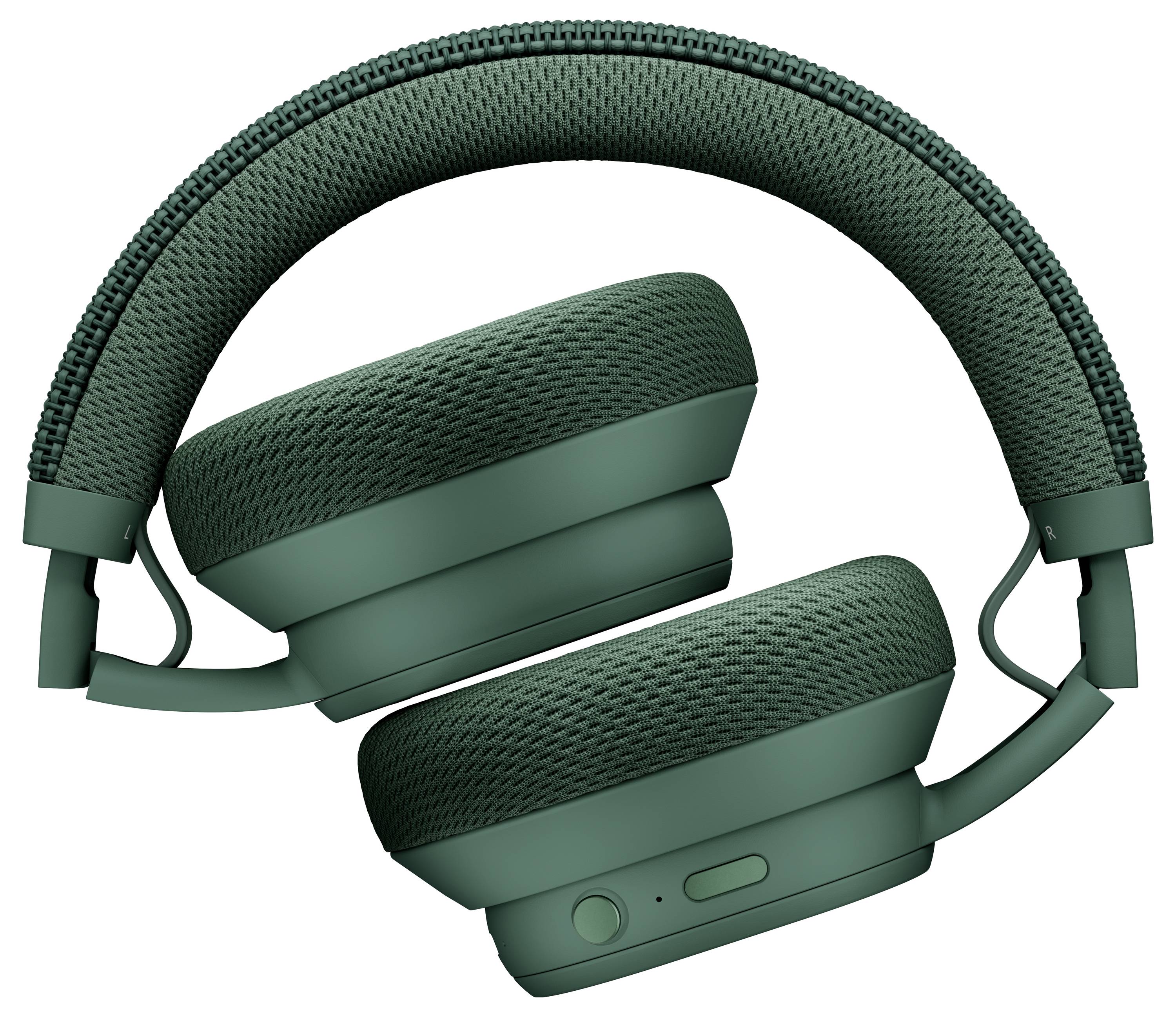 Casque audio vert supra-auriculaire avec des coussinets d'oreille et un arceau rembourrés, posé replié avec des boutons de contrôle visibles sur un des pavillons.
