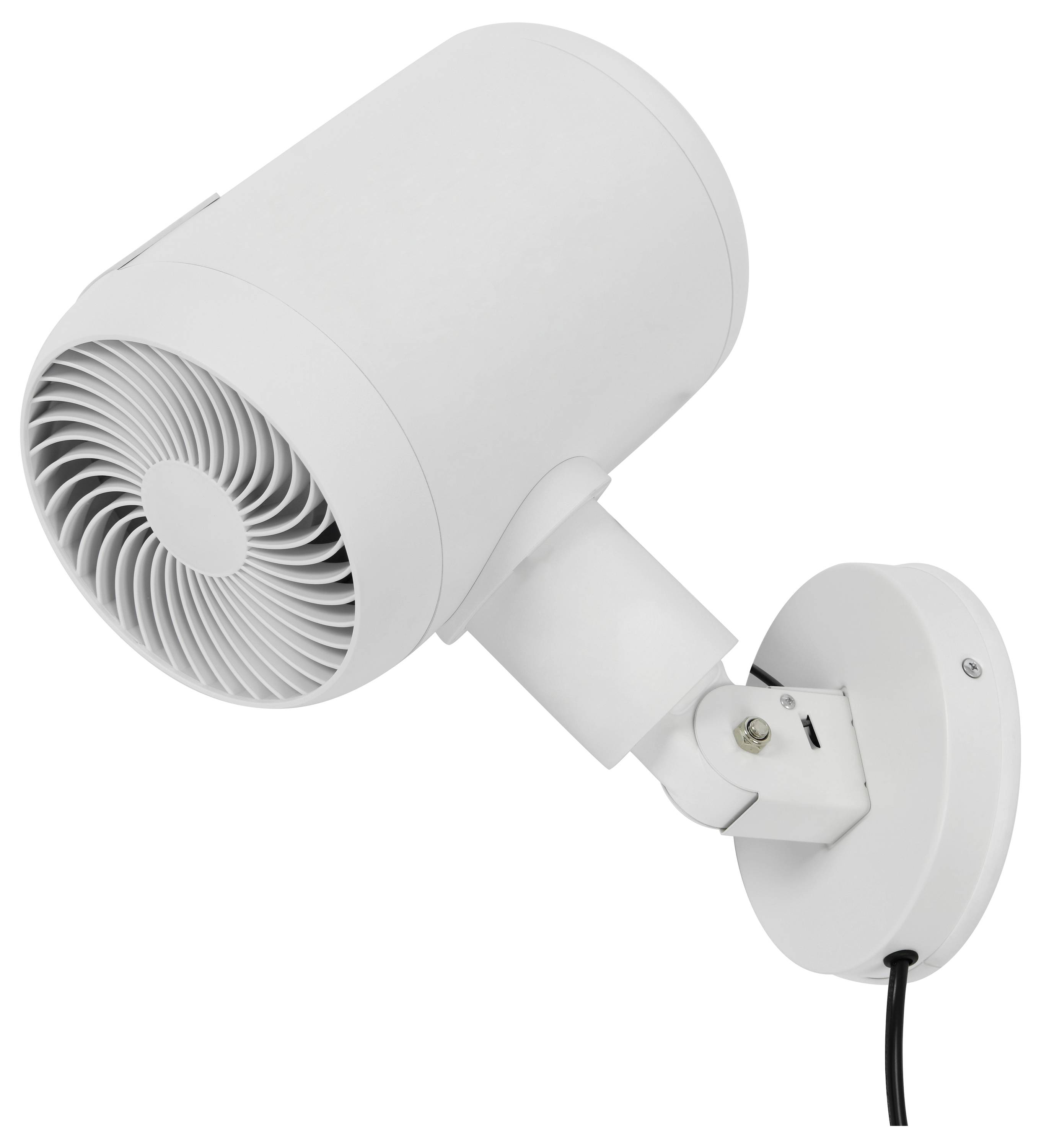 Un projecteur mural blanc avec un socle rond et un bras ajustable, présentant un design de type grille circulaire sur un côté.