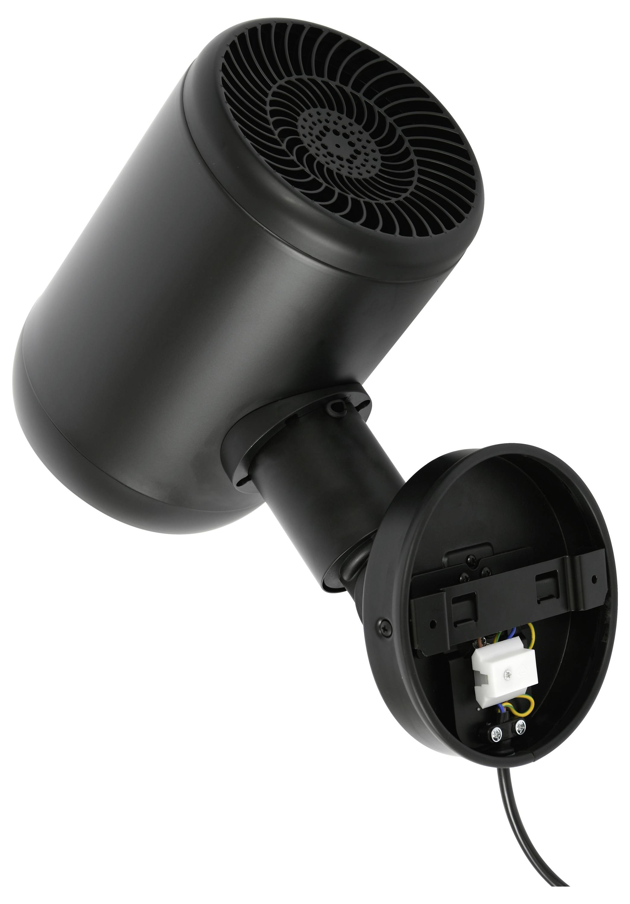 Projecteur cylindrique noir avec dos ouvert révélant les fils, conçu pour une installation au plafond ou au mur dans des environnements architecturaux.