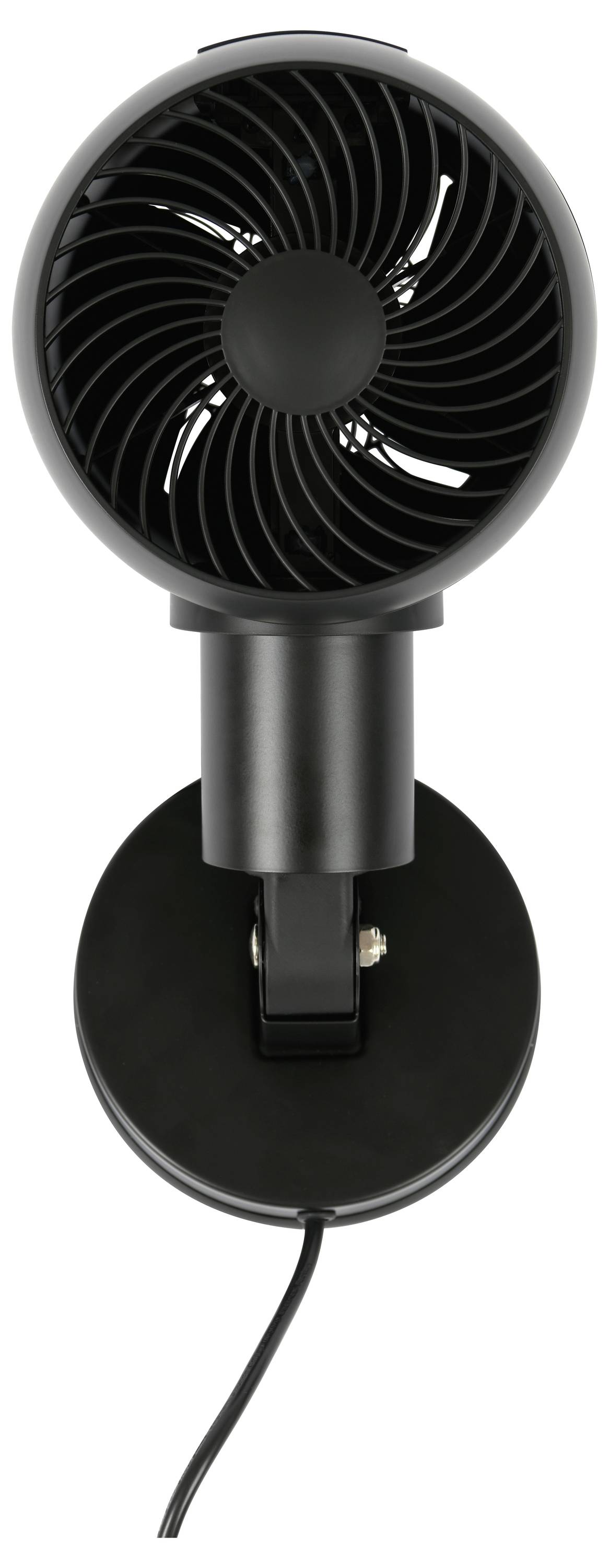 Un ventilateur de bureau noir, circulaire, vu de face, montrant ses pales circulaires et son support réglable, avec un cordon d'alimentation branché.