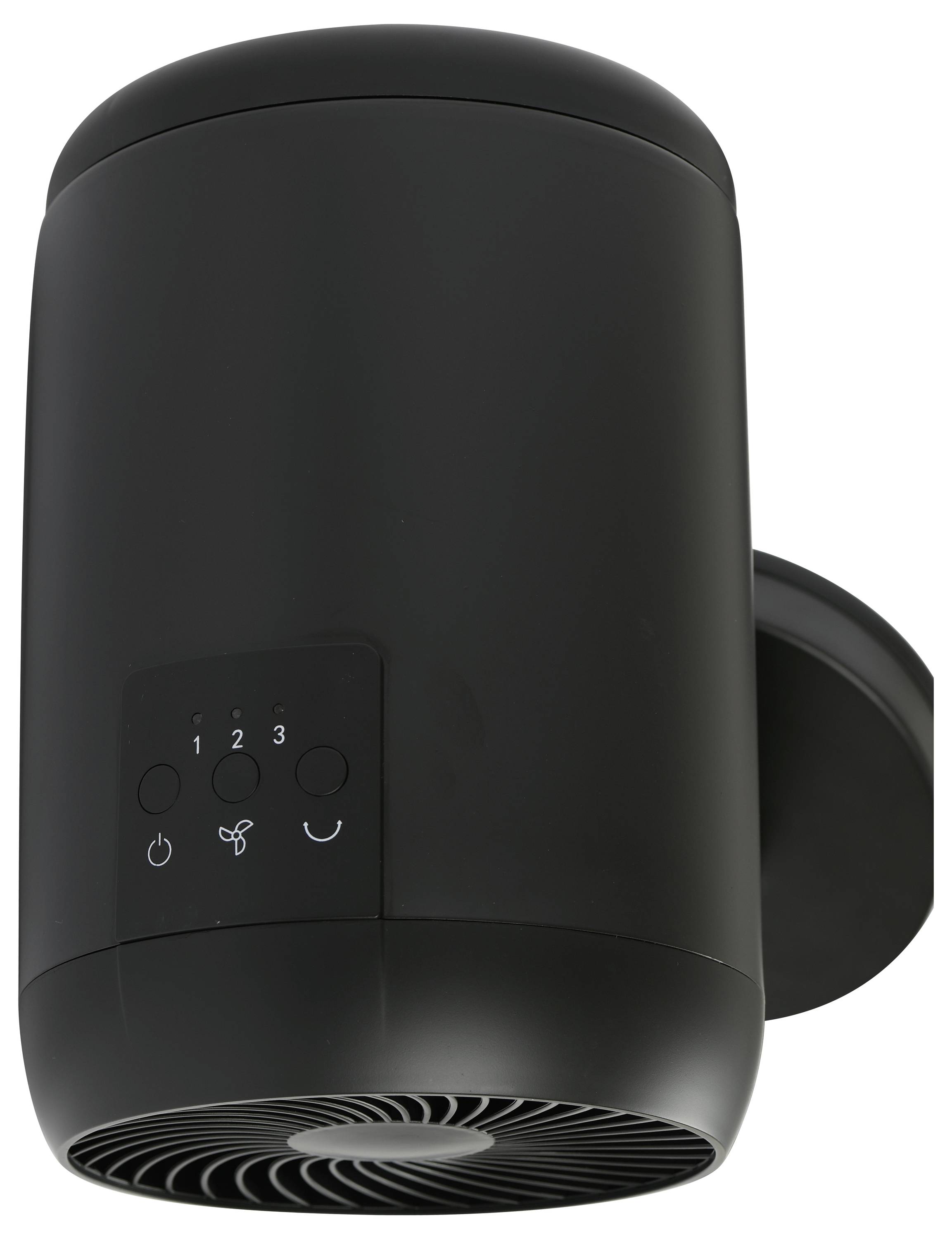 Un purificateur d'air noir cylindrique est fixé au mur, doté de boutons de commande, comprenant la mise en marche, les réglages de vitesse du ventilateur (1, 2, 3), et une fonction minuterie.