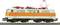 « Maquette de train montrant une locomotive électrique orange et crème sur une voie ferrée. »