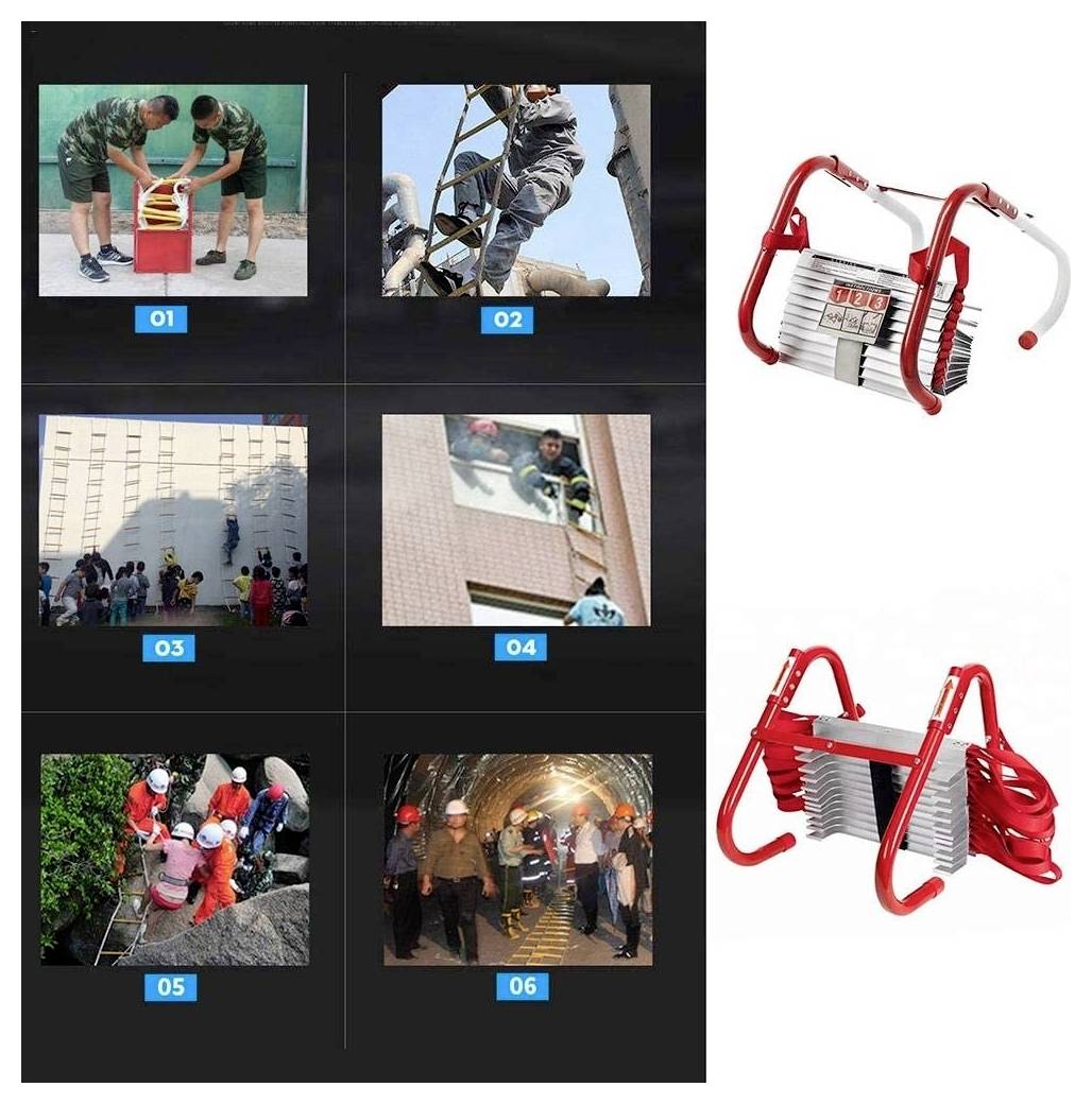 Un montage d'images présentant des échelles de secours d'urgence : dans des contextes militaires, de pompiers et résidentiels, illustrant leur utilisation et leur déploiement.