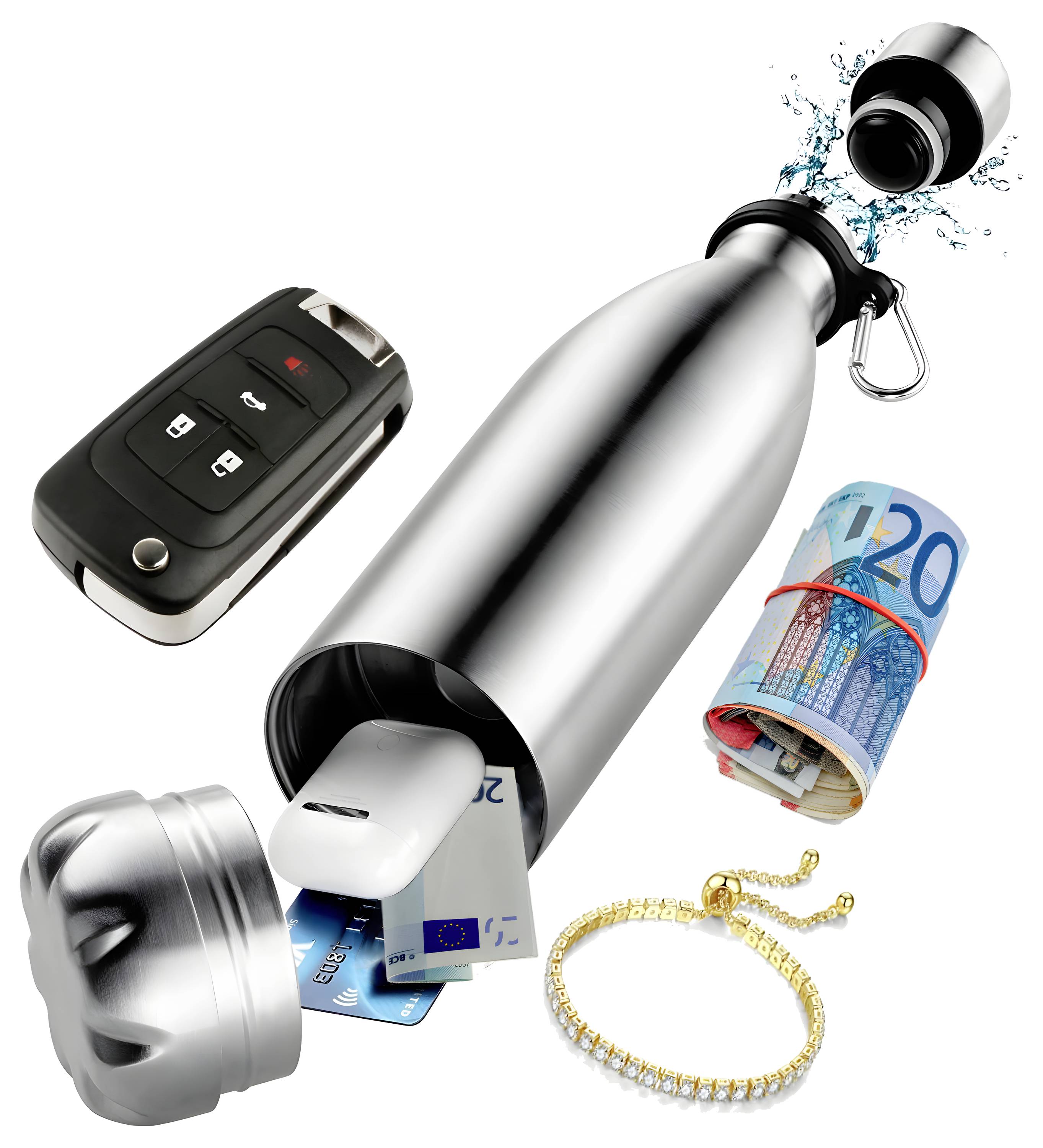 Une bouteille d'eau en argent est ouverte, révélant des compartiments cachés contenant une clé de voiture, de l'argent liquide, une clé USB, des cartes de crédit et un bracelet.