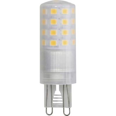 Une ampoule LED cylindrique avec un boîtier transparent montrant des diodes oranges illuminées.