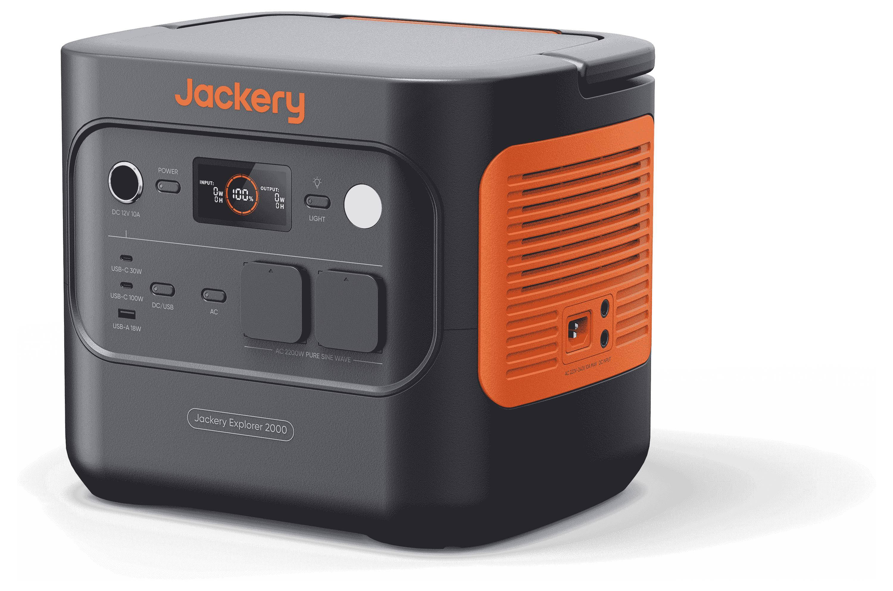 Station d'alimentation portable avec écran numérique et plusieurs prises. Logo de la marque 'Jackery' sur le dessus. Design compact avec des touches de couleur orange.