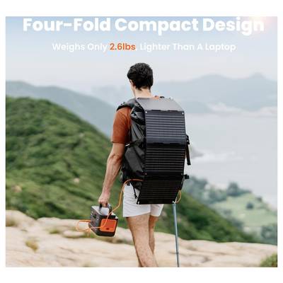 Une personne portant un sac à dos avec un panneau solaire sur un coteau, tenant une station d'alimentation portable. Texte : « Design compact à quatre volets, ne pèse que 1,2 kg, plus léger qu'un ordinateur portable. »