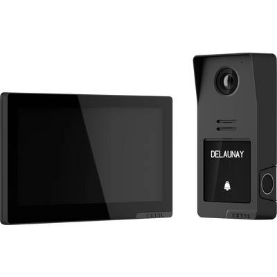 Système de sonnette vidéo avec un écran rectangulaire à gauche et une unité caméra étiquetée « DELAUNAY » avec une icône de sonnette à droite.