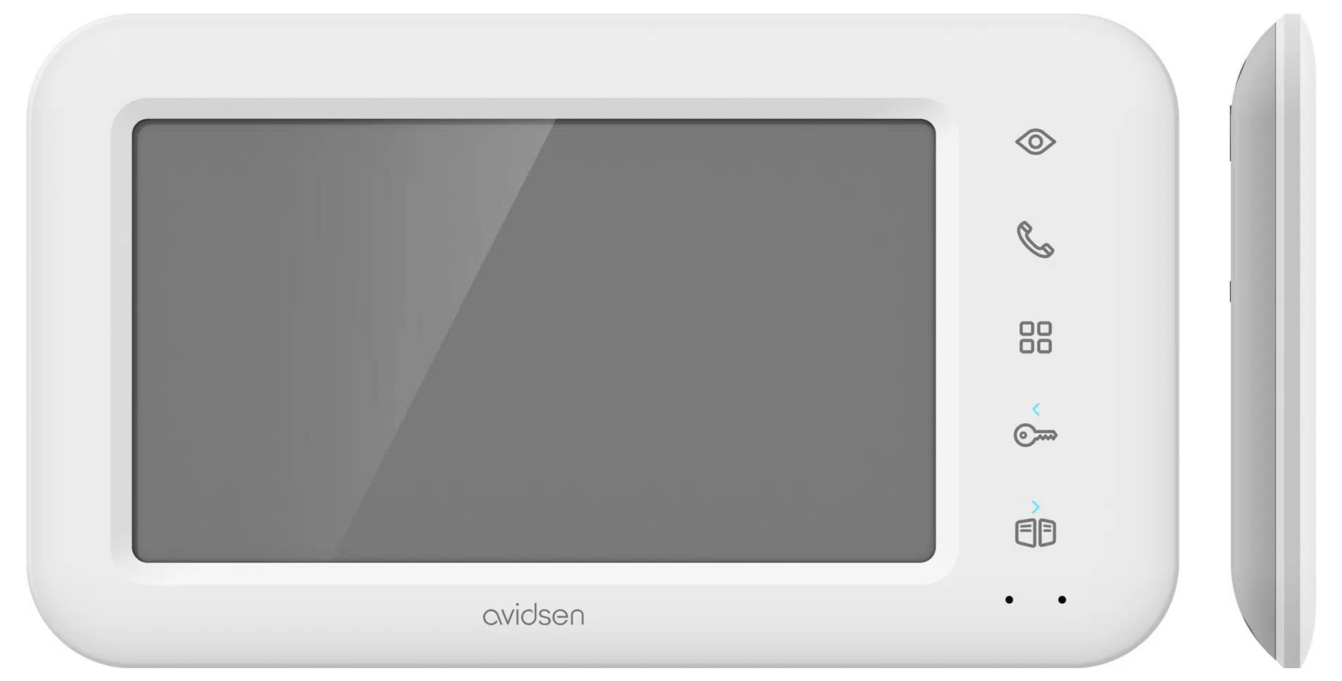 Un écran d'interphone vidéo rectangulaire avec trois boutons latéraux : des symboles d'œil, de téléphone et de clé, utilisé pour la surveillance et le contrôle d'accès.