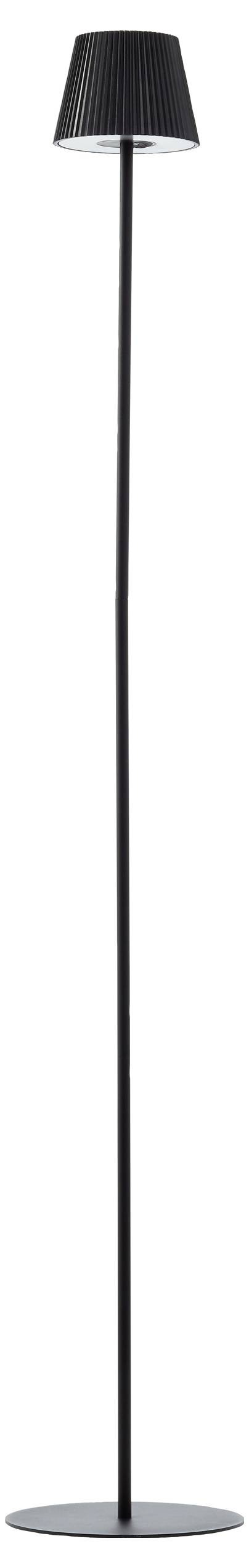 Un lampadaire noir, élancé et haut, avec une base ronde et un abat-jour étroit légèrement incliné.