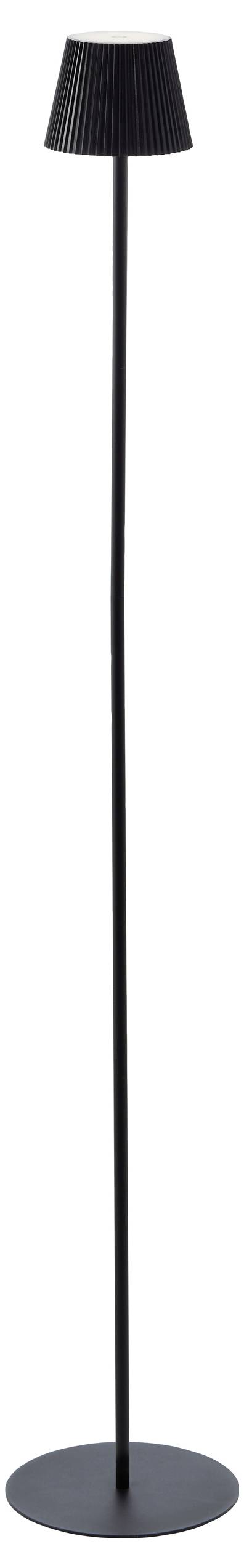 Un lampadaire élégant et svelte de couleur noire, doté d'un mât fin et d'un abat-jour conique, conçu pour une décoration intérieure moderne.