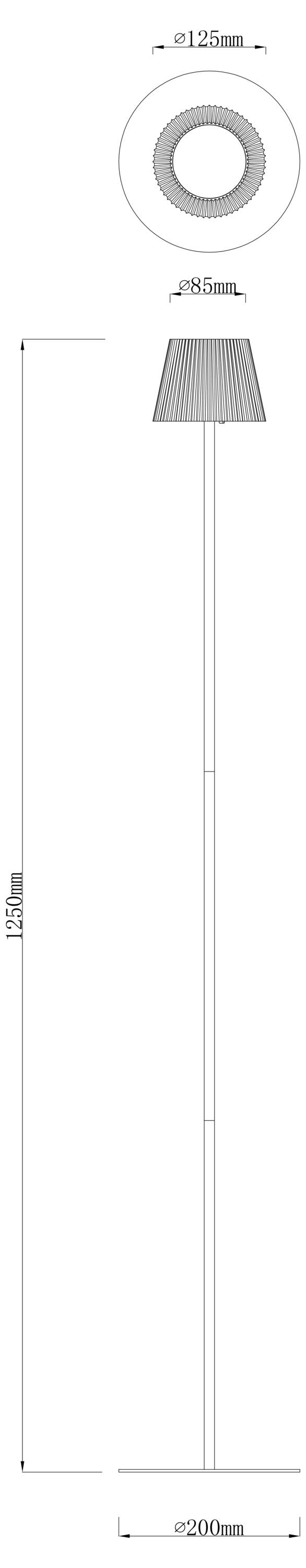 'Schéma d'un lampadaire : vue de dessus montrant une base circulaire de 125 mm de diamètre. Vue de côté montrant un lampadaire fin et vertical avec une base de 200 mm et une hauteur de 125 mm.'