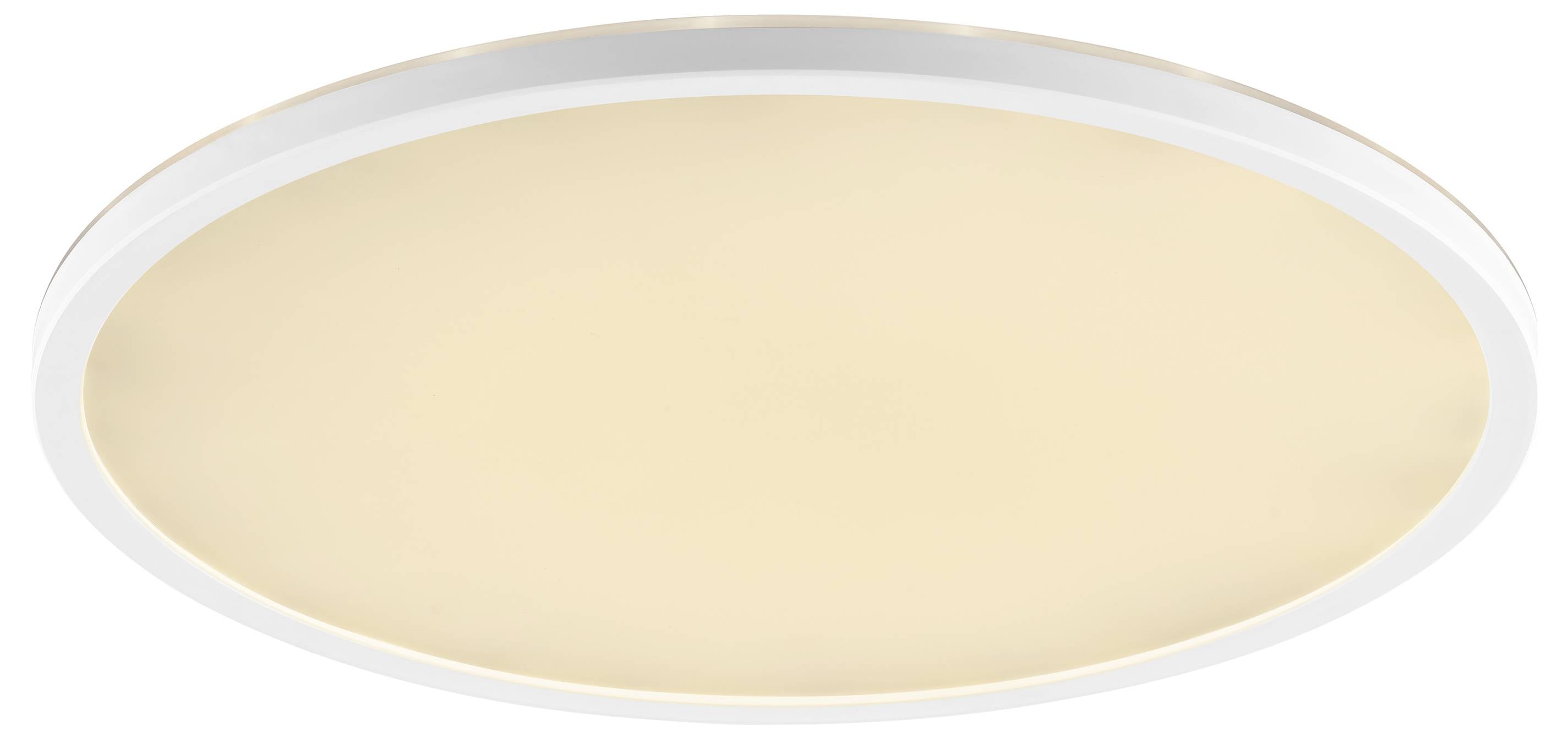 Plafonnier LED rond avec un cadre blanc et une lueur douce et chaleureuse.