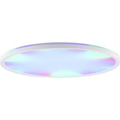 Plafonnier LED circulaire avec un cadre blanc, diffusant un dégradé doux de couleurs bleue, verte et violette, créant une lueur d'ambiance.