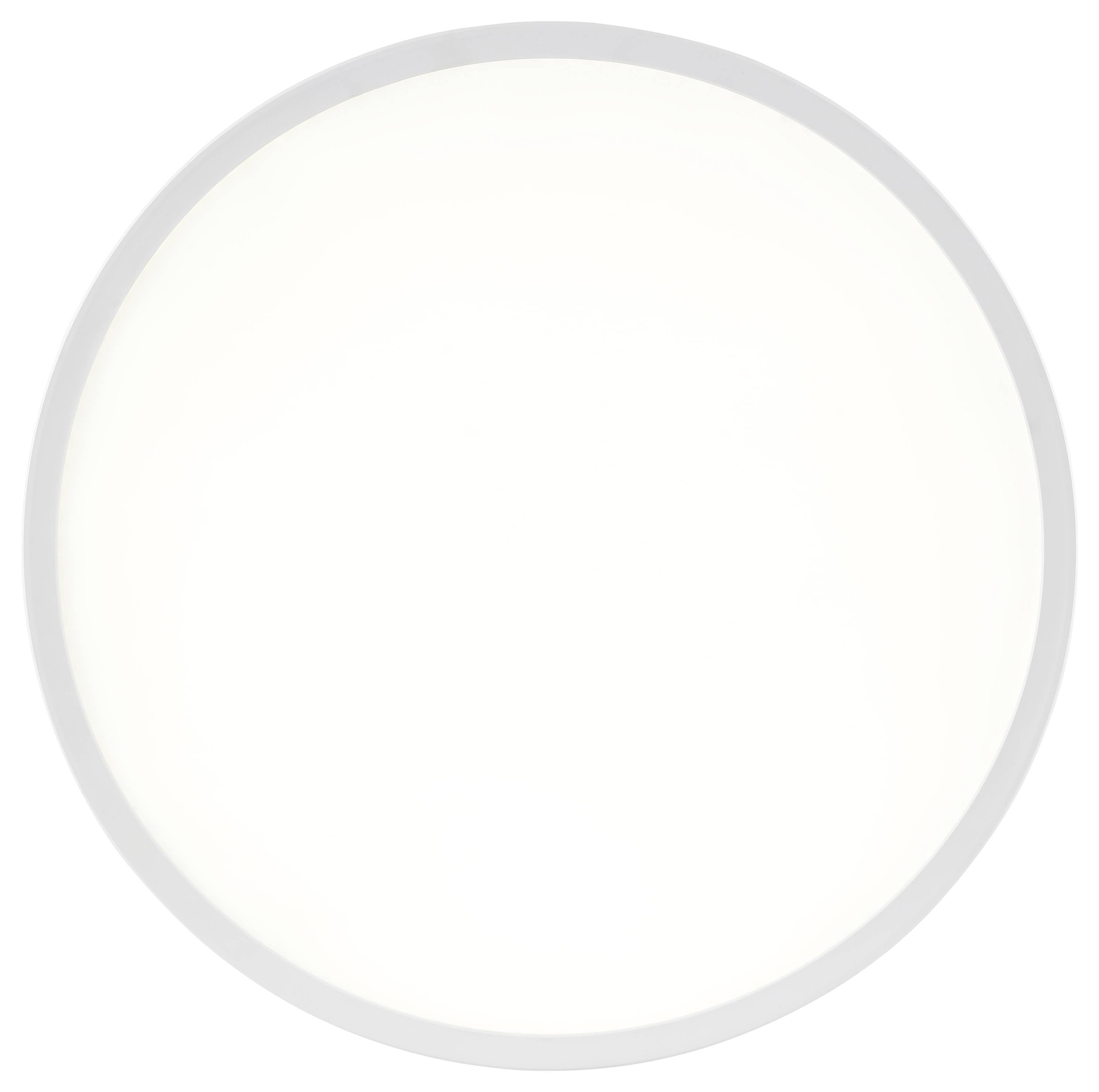 Un luminaire circulaire blanc avec un bord gris, vu de dessous, émettant une lueur douce.