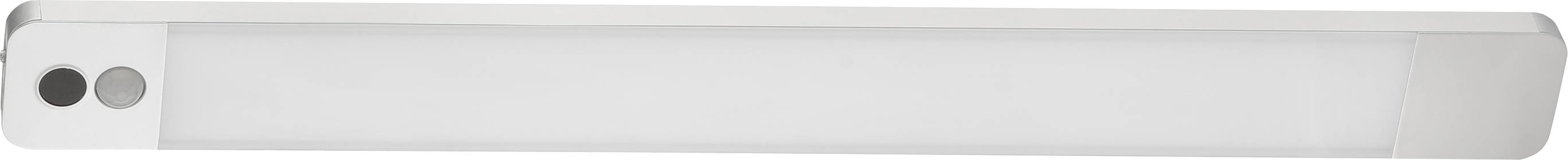 Un luminaire rectangulaire long avec deux boutons visibles à une extrémité. Le dispositif présente un design épuré et moderne.