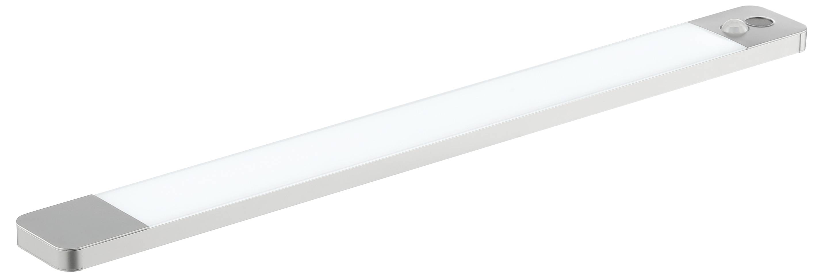 Une barre lumineuse LED élégante et moderne avec un cadre argenté, adaptée à l'éclairage sous les armoires de cuisine ou à l'illumination d'un espace de travail.