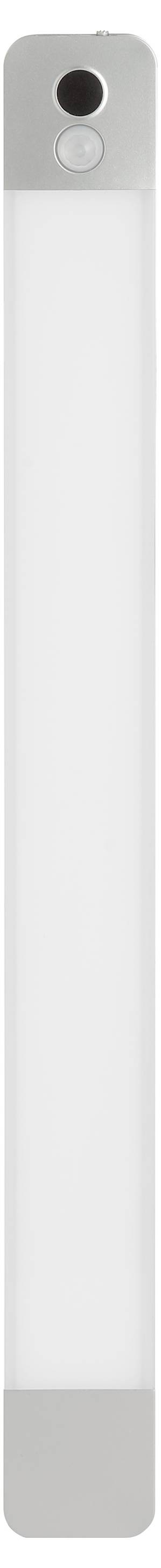 Un appareil rectangulaire, fin et élégant avec un objectif de caméra au sommet et un bouton en dessous, sur un fond blanc et épuré.