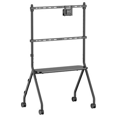 Chariot TV portable avec support à roulettes, rails de montage ajustables et étagère inférieure pour rangement d'équipements ou d'affichage.