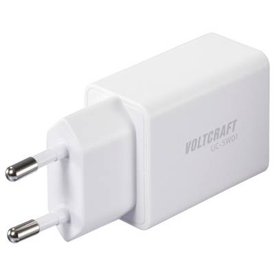 Un adaptateur secteur blanc avec deux broches métalliques rondes étiquetées « Voltcraft UC-SW01 ».