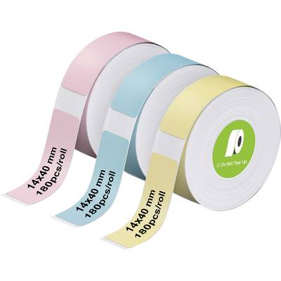 Trois rouleaux d'étiquettes colorées (rose, bleu, jaune) affichant '14x40 mm 180 pcs/rouleau'. Chaque rouleau possède un noyau vert avec un symbole 'Ne pas déchirer'.