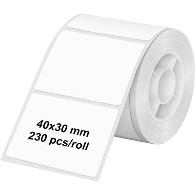Un rouleau d'étiquettes blanches vierges, chaque étiquette mesurant 40x30 mm. Le rouleau contient 230 étiquettes.